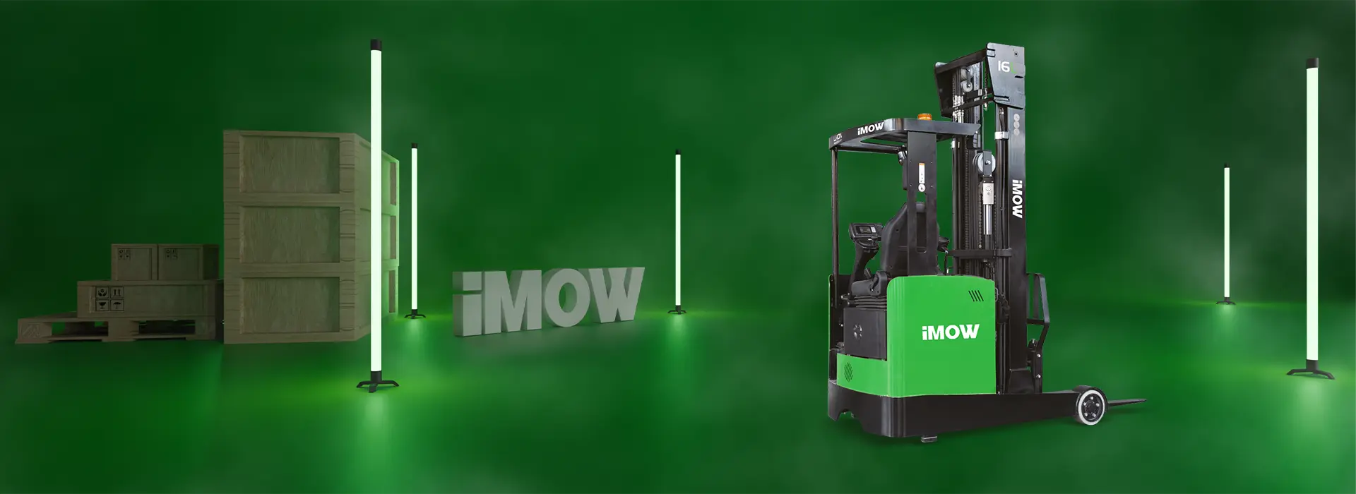 iMOW markasına ait CQD16L1 model bir elektrikli istifleyici görülmektedir. Bu model, dar alanlarda kullanım için optimize edilmiş olup, yüksek kaldırma kapasitesine ve kompakt tasarıma sahiptir.