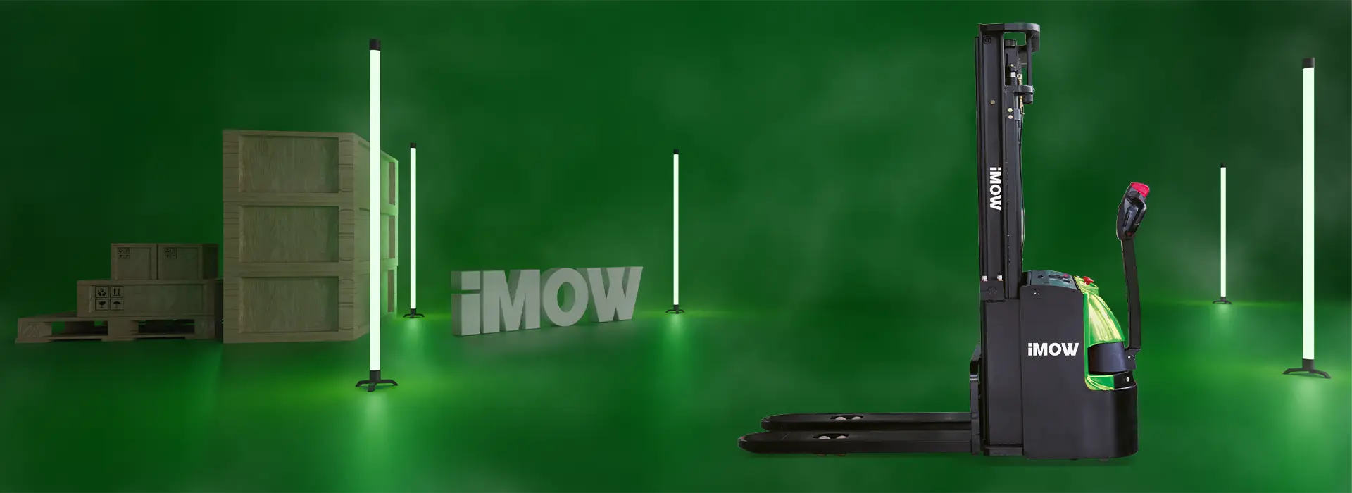 iMOW markasına ait ES20-WA modeli bir elektrikli istifleyici görülmektedir. Kompakt tasarımı ve uzun kaldırma direği ile özellikle dar alanlarda kullanım için idealdir.