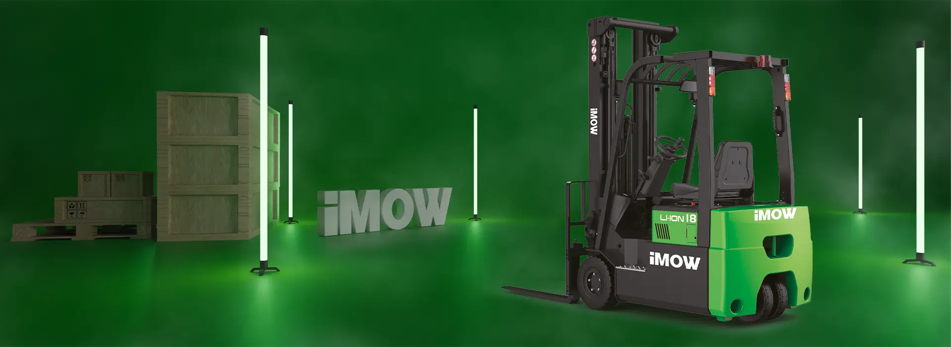 Görselde, iMOW markasına ait CPD18TVL modeli bir elektrikli forklift yer almaktadır. Bu forklift, 1800 kg taşıma kapasitesine sahip olup, Li-ion 80V batarya ile çalışmaktadır.