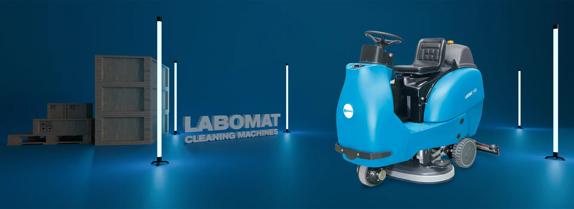 Görselde LABOMAT 195B modelinin sağlam ve geniş tasarımı gösterilmektedir. Büyük tank kapasitesi ve güçlü motoru ile endüstriyel alanlarda etkili temizlik sağlar.