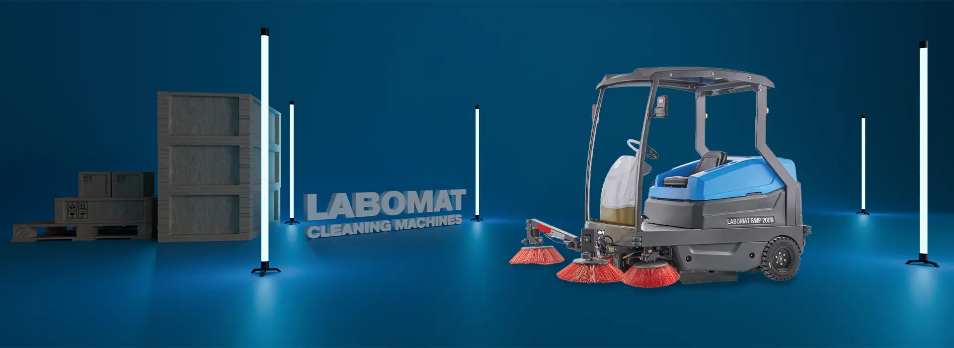 Görselde LABOMAT SWP200B modelinin ön ve yan açıları görünmektedir. Büyük su kapasitesi ve güçlü motoru ile endüstriyel temizlikte yüksek performans sunar.