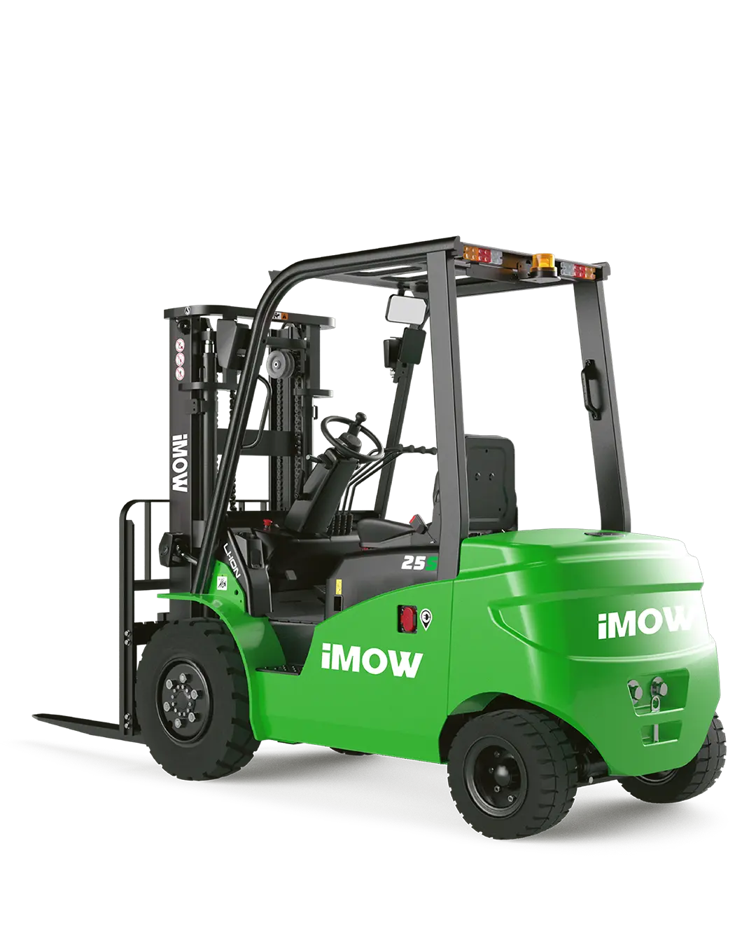 Görselde, iMOW markasına ait ICE253S modeli elektrikli forklift yer almaktadır. Bu model, 2500 kg taşıma kapasitesine sahip olup, güçlü lityum iyon bataryası sayesinde uzun süreli ve verimli bir çalışma sunar.