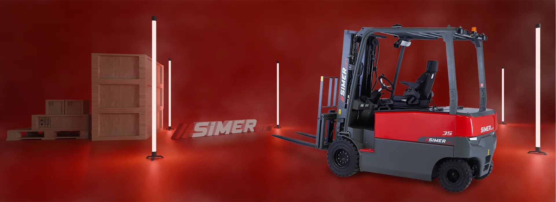 SimerLift 35T-4W, 3500 kg taşıma kapasitesine sahip, yüksek performanslı bir elektrikli forklift modelidir.